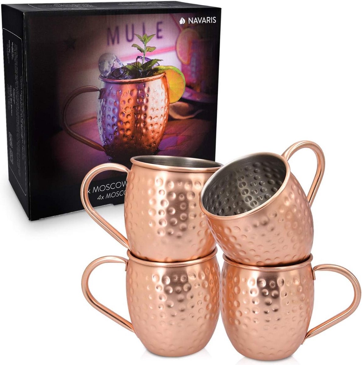 Set van 4 Moscow Mule Bekers - Koperen Cocktail Mokken van Roestvrij Staal