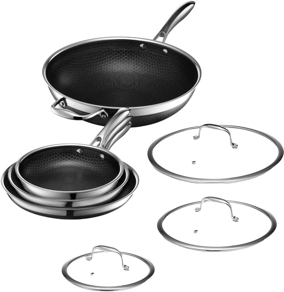 MELVRA 7-delige Hybrid Pannenset - RVS Kookset met Deksels en Wok - Inductiegeschikt - Anti-aanbak - PFOA-vrij - Vaatwasserbestendig - Inclusief Koekenpan met Deksel
