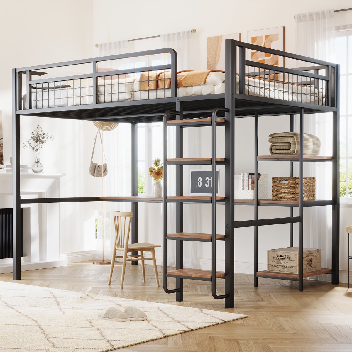 REDOM Hoogslaper – 140x200 cm – Met bureau & planken – Veiligheidshekje van metaalgaas – Metalen trapladder – Metaal – Zwart