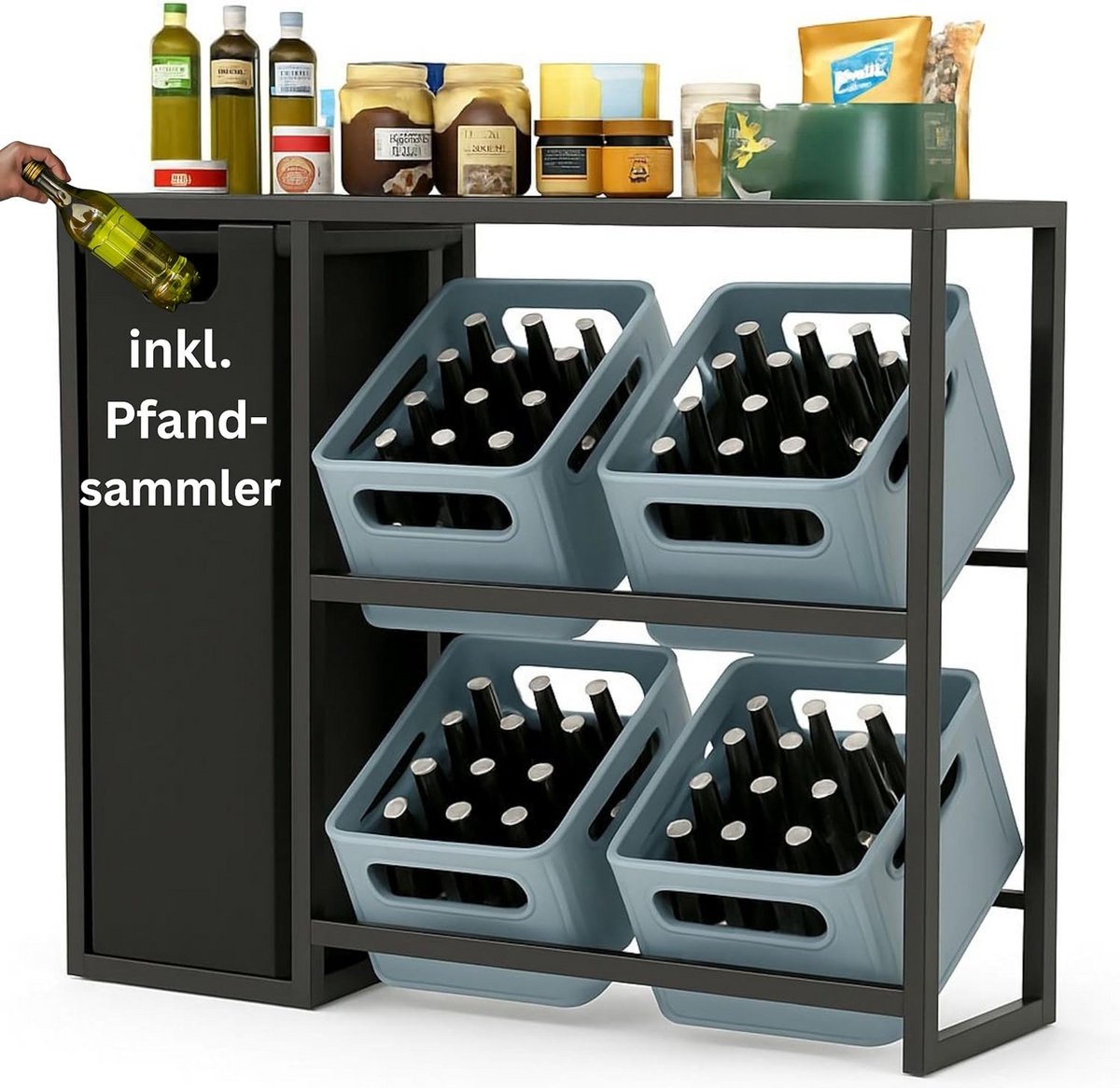 Drankkrattenrek voor 4 kratten met plank - Metalen bierkrattenhouder zwart