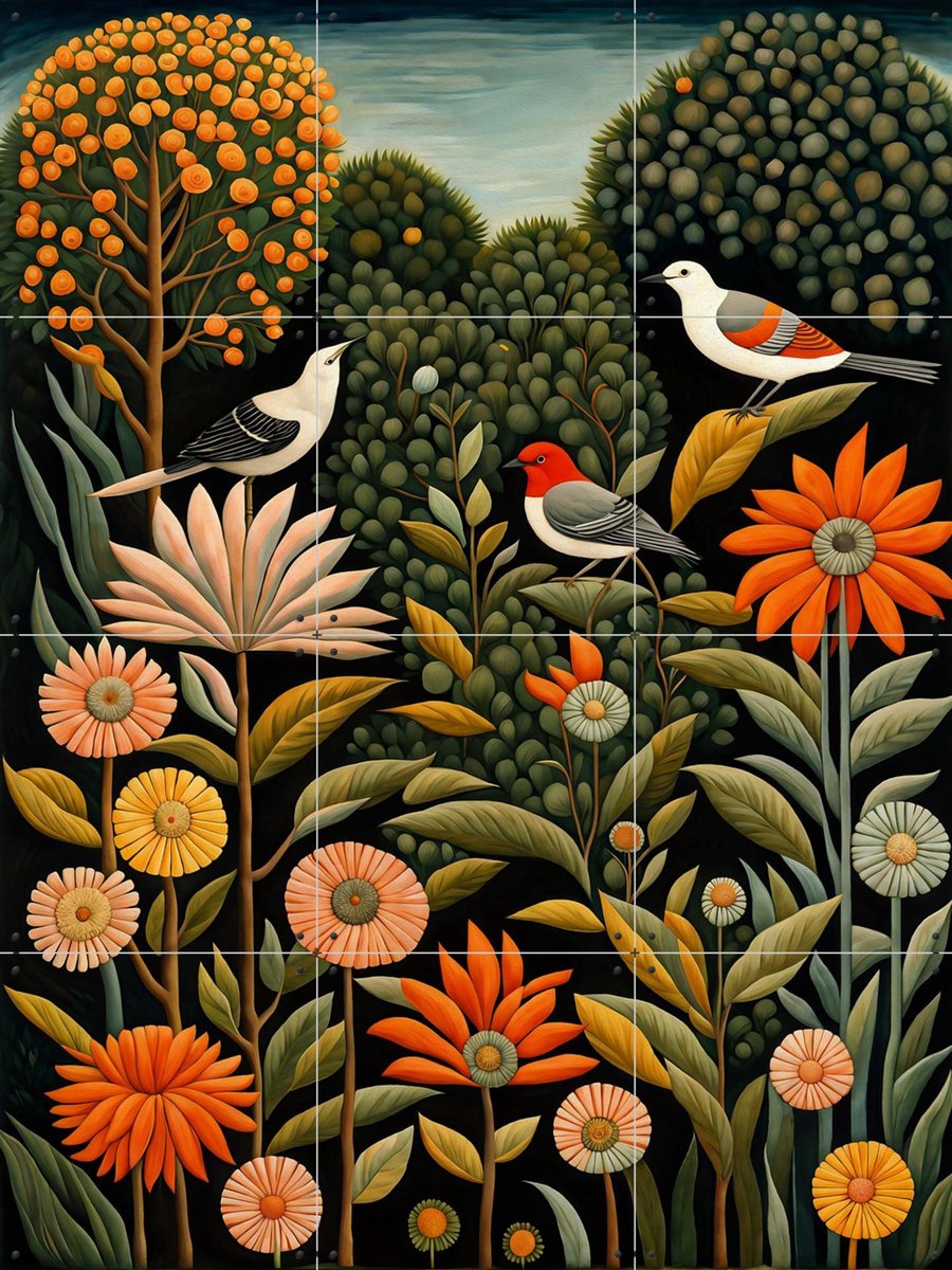 IXXI Feathered Florals, Artclaud - 60 x 80 cm - Gratis ophangtool - Grote wanddecoratie en posters - Grafisch Ontwerp, Natuur, Vogels, Bloemen