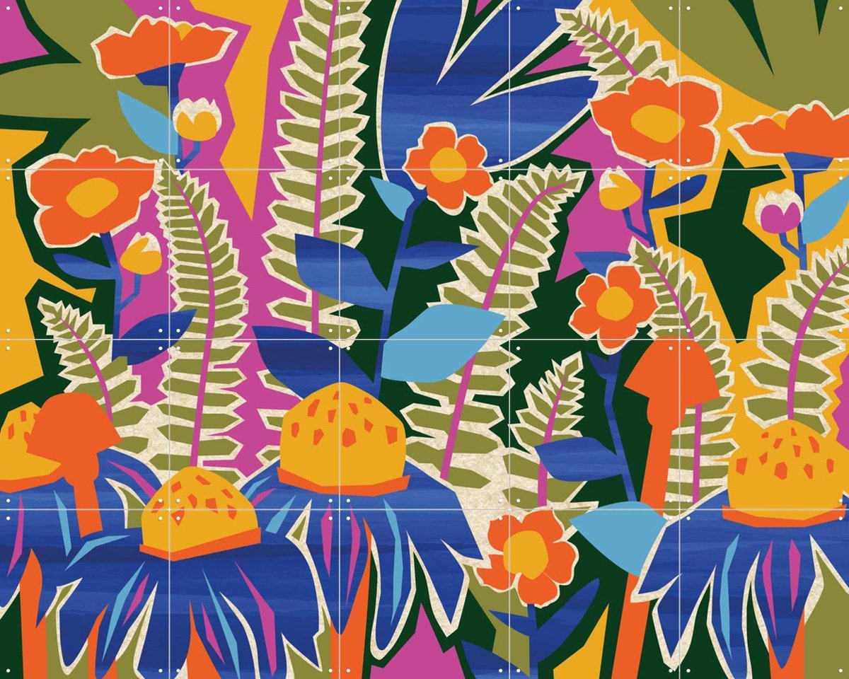 IXXI Ferns And Wildflowers, Megan Gallagher - 100 x 80 cm - Gratis ophangtool - Grote wanddecoratie en posters - Speels, Kleurrijk, Illustraties