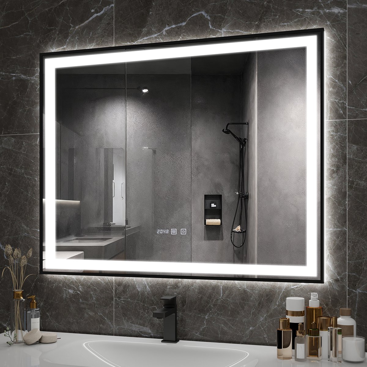 Puluomis Badkamerspiegel - 100x80cm - Rechthoekig Zwart Metalen Frame - LED-verlichting - Tijd- en Temperatuurweergave - Ontwaseming