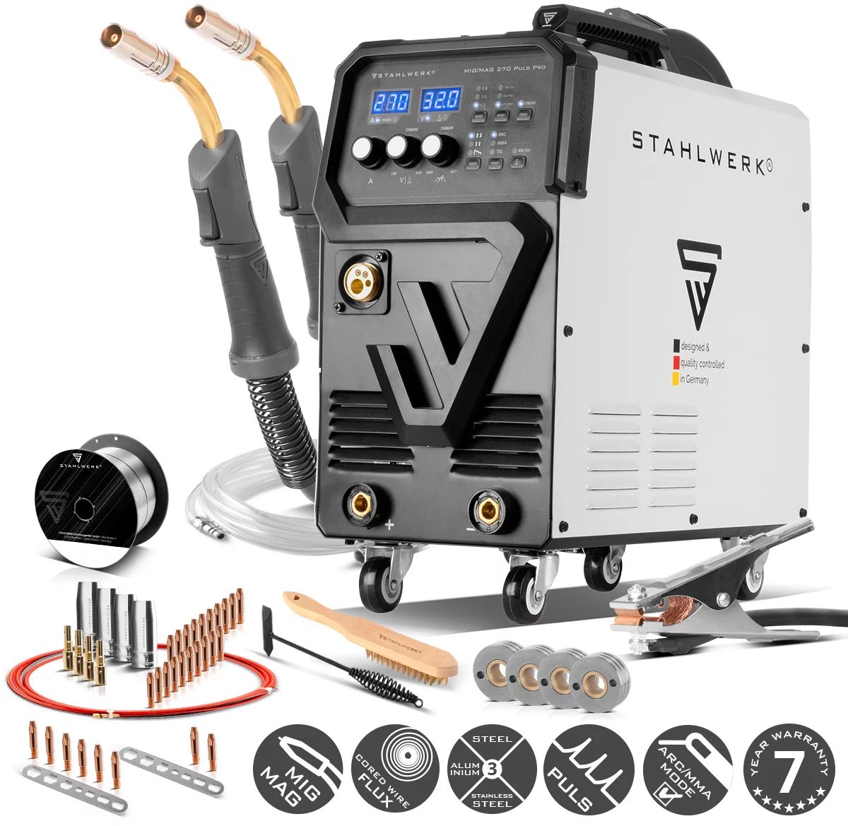 STAHLWERK lasmachine MIG 270 Puls Pro | 4-in-1 gasbeschermd lasapparaat met pulsfunctie, AK25/MB25 aluminium lastoorts en slijtageset voor aluminium lassen | Inverter met 270 A