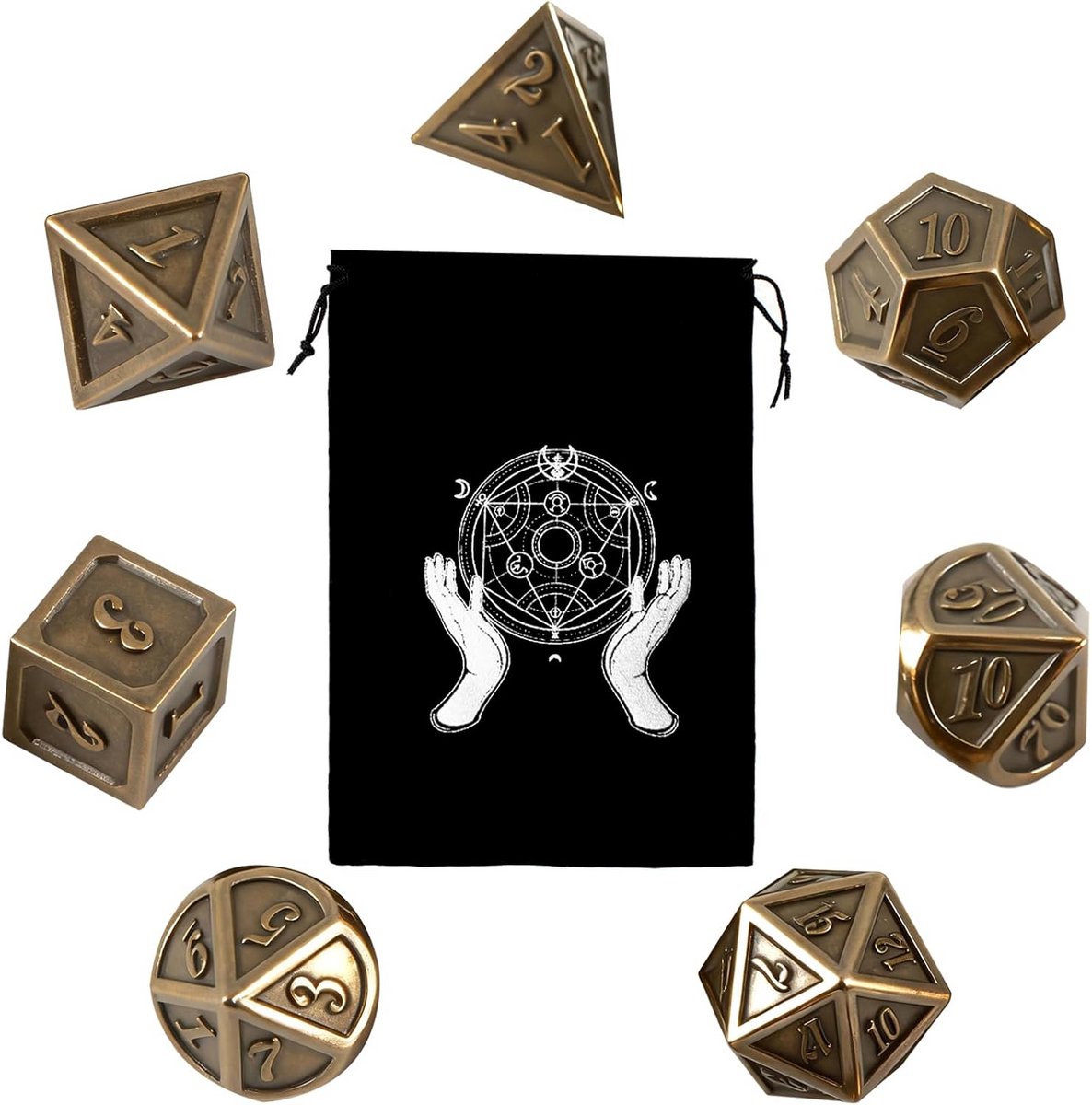 Set van 7 Vintage Metalen Veelvlakige Dobbelstenen voor D&D en RPG