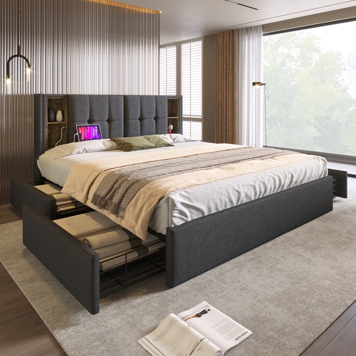 FloraGrace Gestoffeerd Bed 160x200cm – Draadloos Opladen En Usb En Type C – Met 4 Lades En Opbergvakken – Zonder Matras – Linnen – Grijs