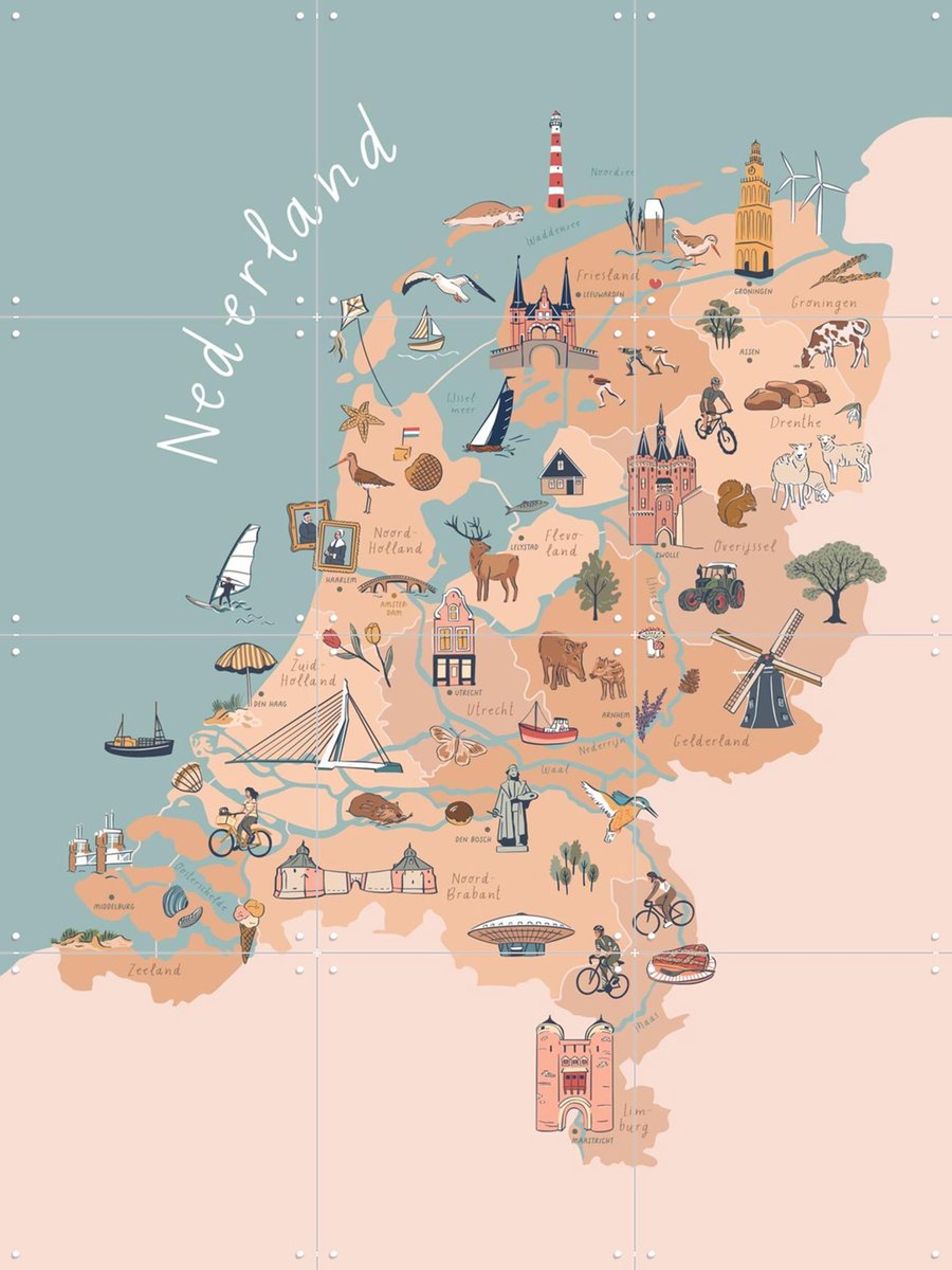 IXXI The Netherlands Illustration, Revista Ontwerp & Kunst in Kaart - 60 x 80 cm - Gratis ophangtool - Grote wanddecoratie en posters - Illustraties