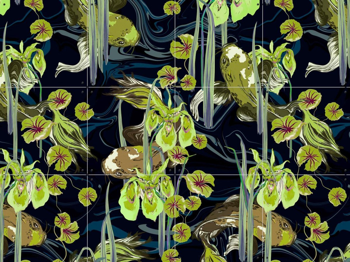 IXXI Koi Pond Moss Green, Marylène Madou - 80 x 60 cm - Gratis ophangtool - Grote wanddecoratie en posters - Illustraties, Mancave, Vissen, Planten