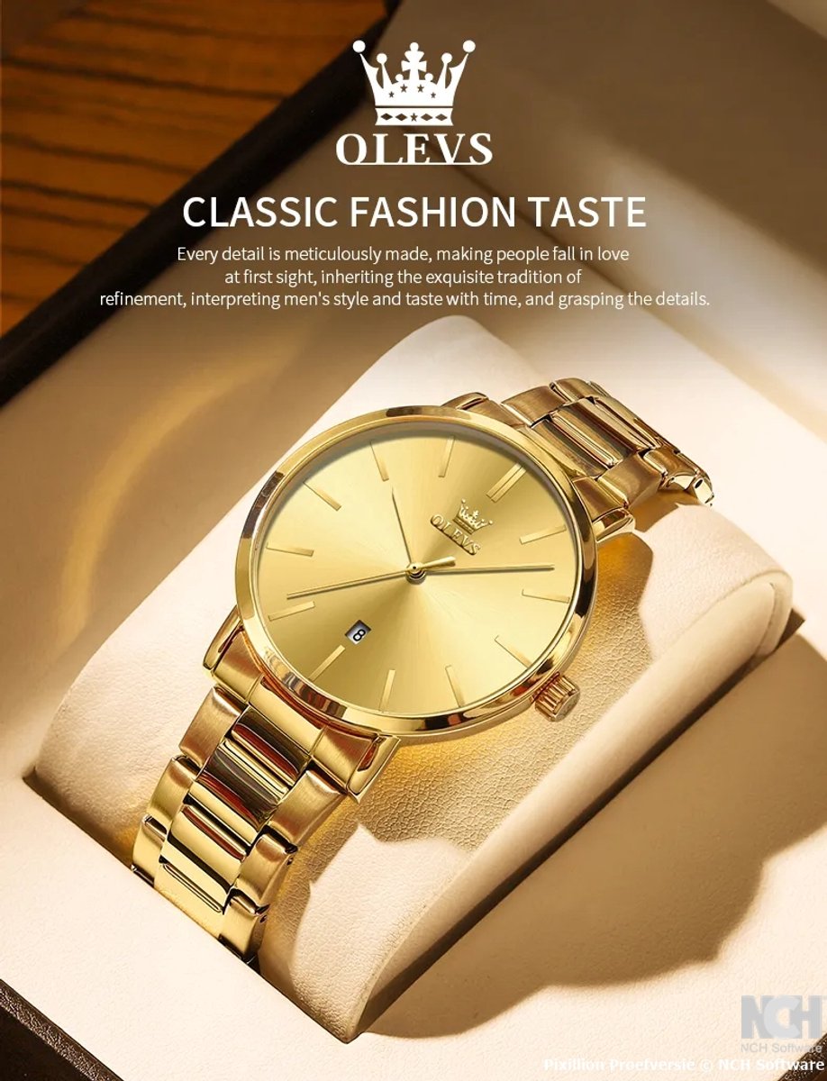 HO-0701.g : Olevs simpel goudkleurig edelstalen heren quartz horloge, kalenderdag