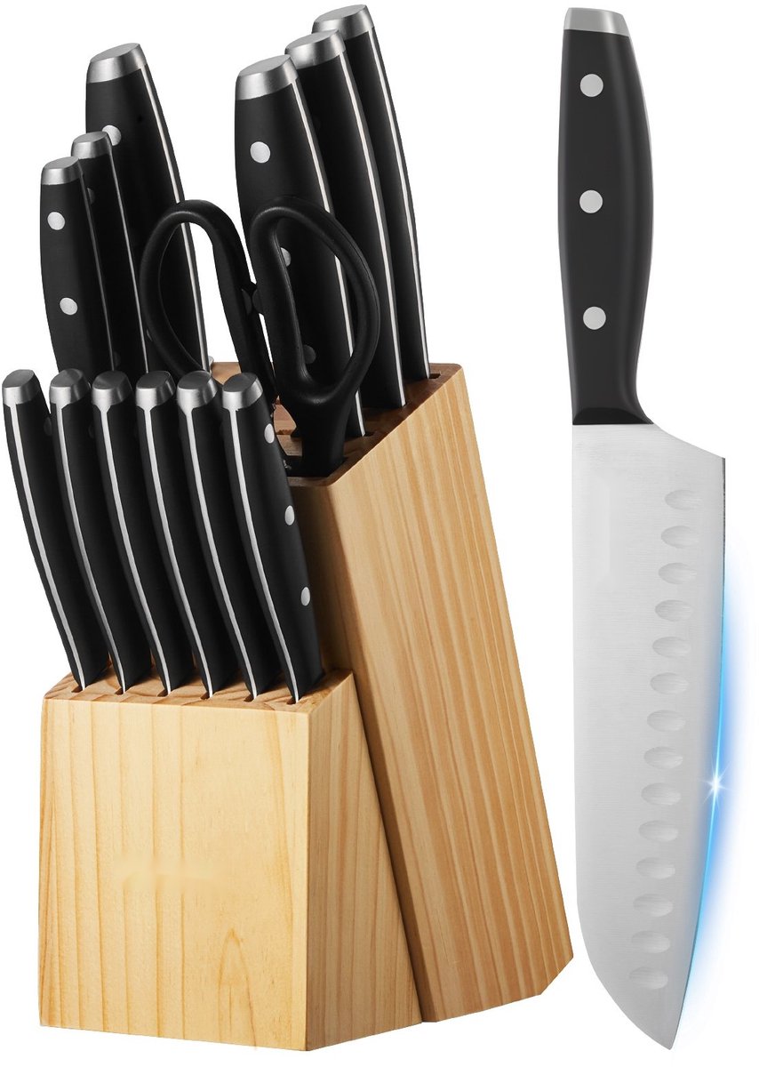 Keukenmessenset - 15-delig met Houten Messenblok - Roestvrij Staal (RVS) met Hoog Koolstofgehalte - Slijpstaal Inbegrepen - Keukenschaar - Ergonomische Handgrepen