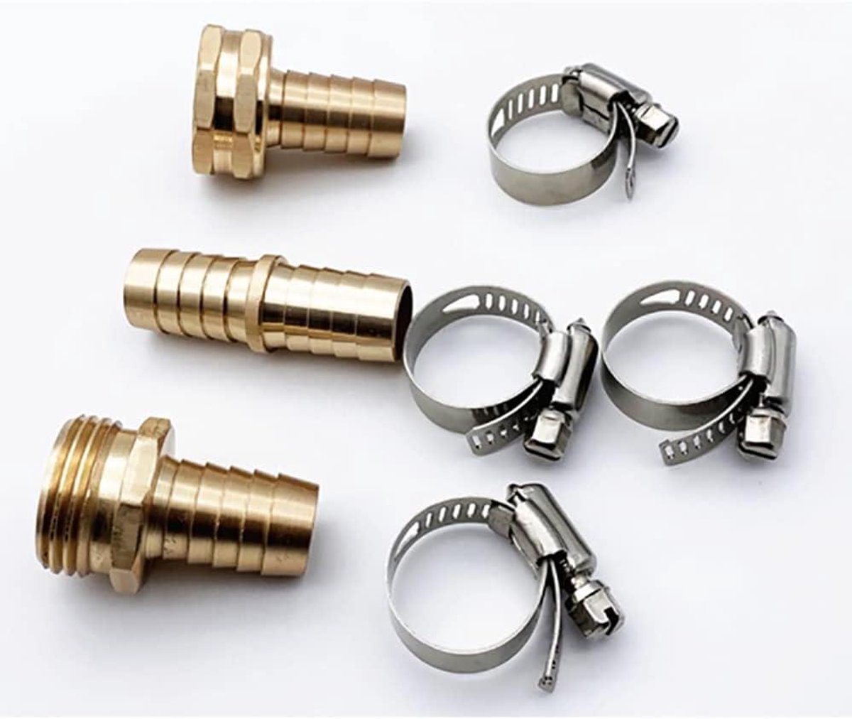 Allecto- Tuinslang Reparatieset - Connector - Messing - RVS - Slang - Geschikt voor Tuinslangen - Messing 3 Sets 5/8 Inch Messing Tuinslang Reparatieset, Vrouwelijke en Mannelijke Slang Connector met 4 Stuks RVS Clam.