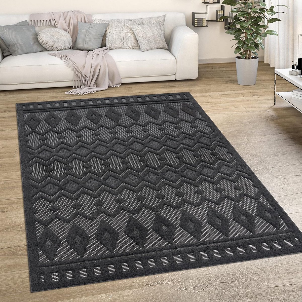 Goodivery Vloerkleed - Tapijt Voor Binnen En Buiten - Scandinavisch Berber met Patroon - 60x100 cm - Antraciet