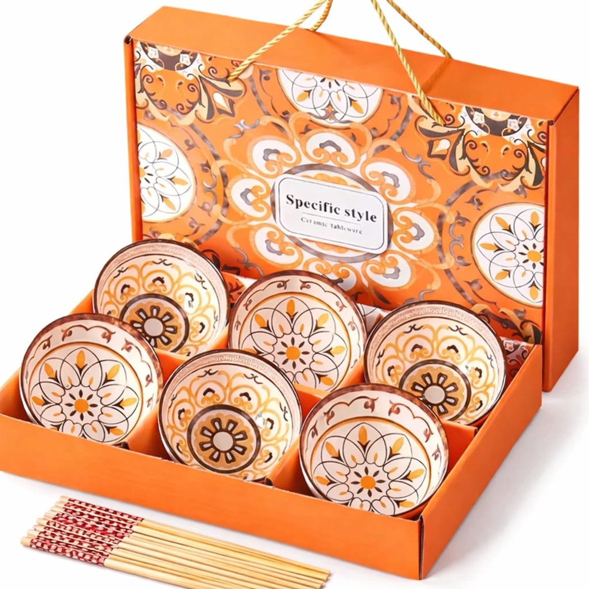 6 Keramische kommen met eetstokjes- Bohemian - cadeauverpakking - giftset - set - schaaltjes - kommetjes - serviesset - tapas, rijst, sushi - keramiek - rijstkom - sushikom - decoratie -Boheems - Boho - Mandala - Japans - Oosters - Boheemse