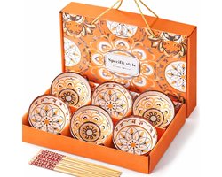 6 Keramiek kommen met eetstokjes- Bohemian - cadeauverpakking - giftset - set - schaaltjes - kommetjes - serviesset - tapas, rijst, sushi - keramiek - rijstkom - sushikom -Boheems - Boho - Mandala - Japans - Oosters - Boheemse