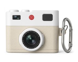 Wit hoesje voor oordopjes unisex in retro camera vorm met karabijnhaak geschikt voor AirPods 4 met reliëf details en compact ontwerp