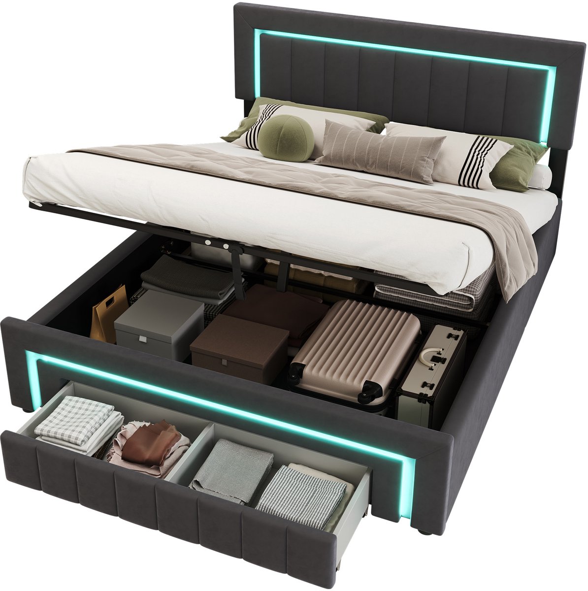 REDOM Opbergbed 140x200 cm – LED Bed met Lift-up Systeem & Opbergruimte – Modern Design Slaapbed - Zwart