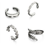 Zilverkleurige ring set voor dames met open verstelbaar ontwerp en blad en kralen details – 4 delige ringen set met minimalistische vormen en decoratieve structuren – metalen dames ringen als sieraden accessoire