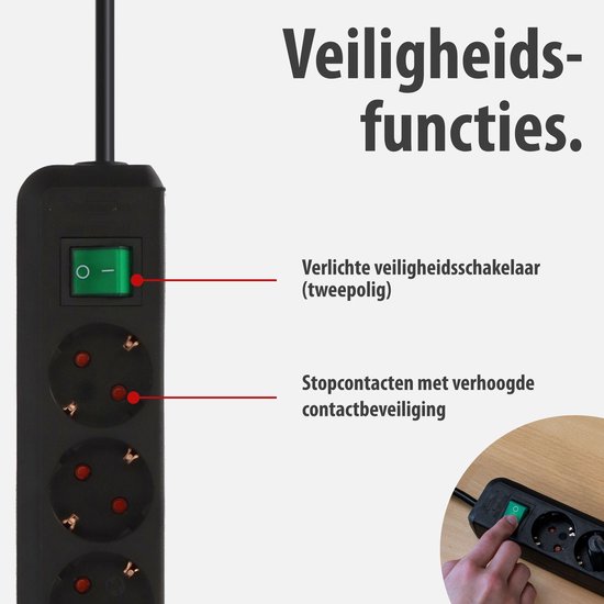 Zwarte stekkerdoos met verlichte tweepolige veiligheidsschakelaar en stopcontacten met verhoogde contactbeveiliging.