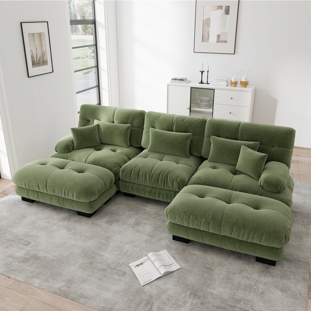 Wishdor - Modulaire Hoekbank - Diepe Zitting En Verplaatsbare Ottomans - Vintage - Woonkam