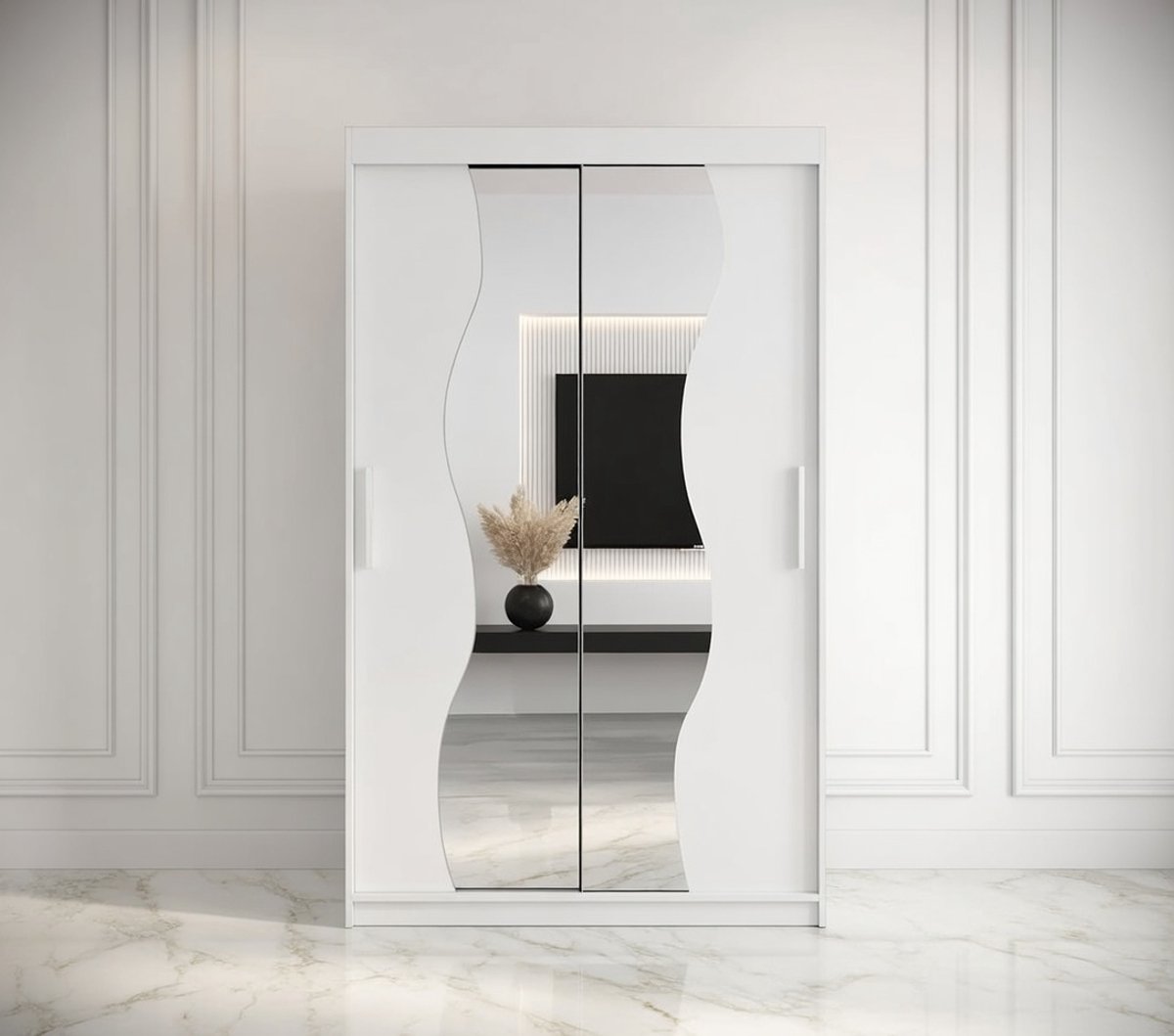 Madryt Luxe Schuifdeurkast met Spiegel 120 cm – Moderne Kledingkast met Kledingstang en Legplank – Witte Opbergkast voor Slaapkamer en Woonkamer – Hoogwaardig Laminaat, Ruime Kast met Schuifdeuren House&Garden