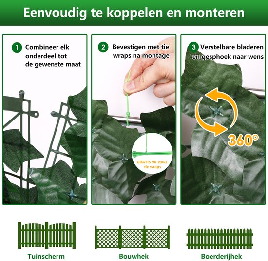 Kunstmatige Klimop Haag 3x1 m - Donkergroene Kunststof Haag met UV-bestendige - Privacy Scherm voor Balkon en Tuin of Terras