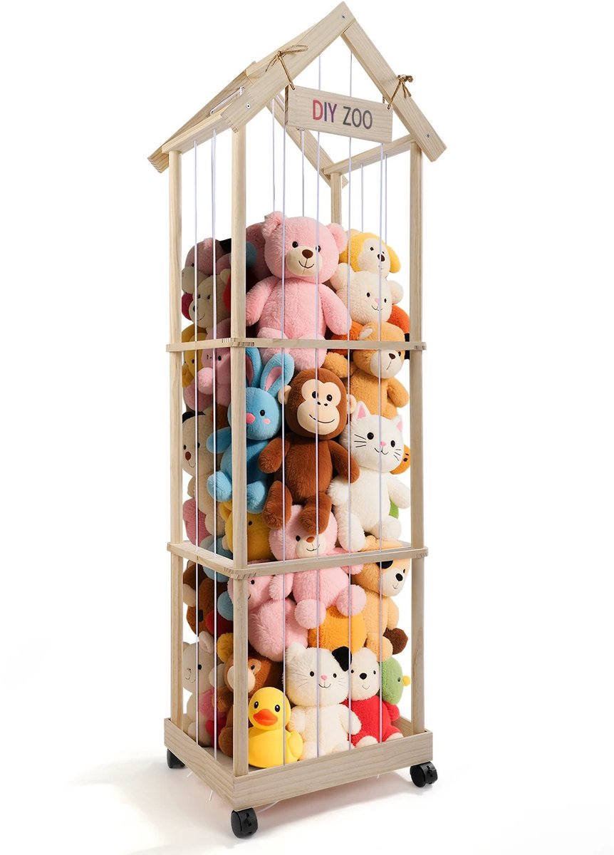 NordHaus Opbergrek voor Knuffels - Houten Speelgoedorganizer - 3 Lagen Opbergrek - Grenenhout - Met Vergrendelbare Wielen