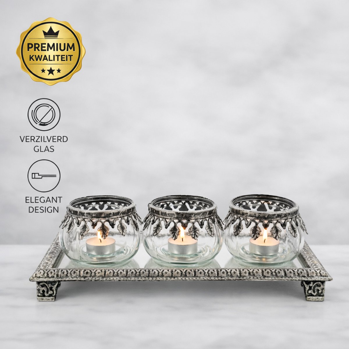 Home Accents - Theelichthouder met Tray - Glas - 27x12x6,7cm