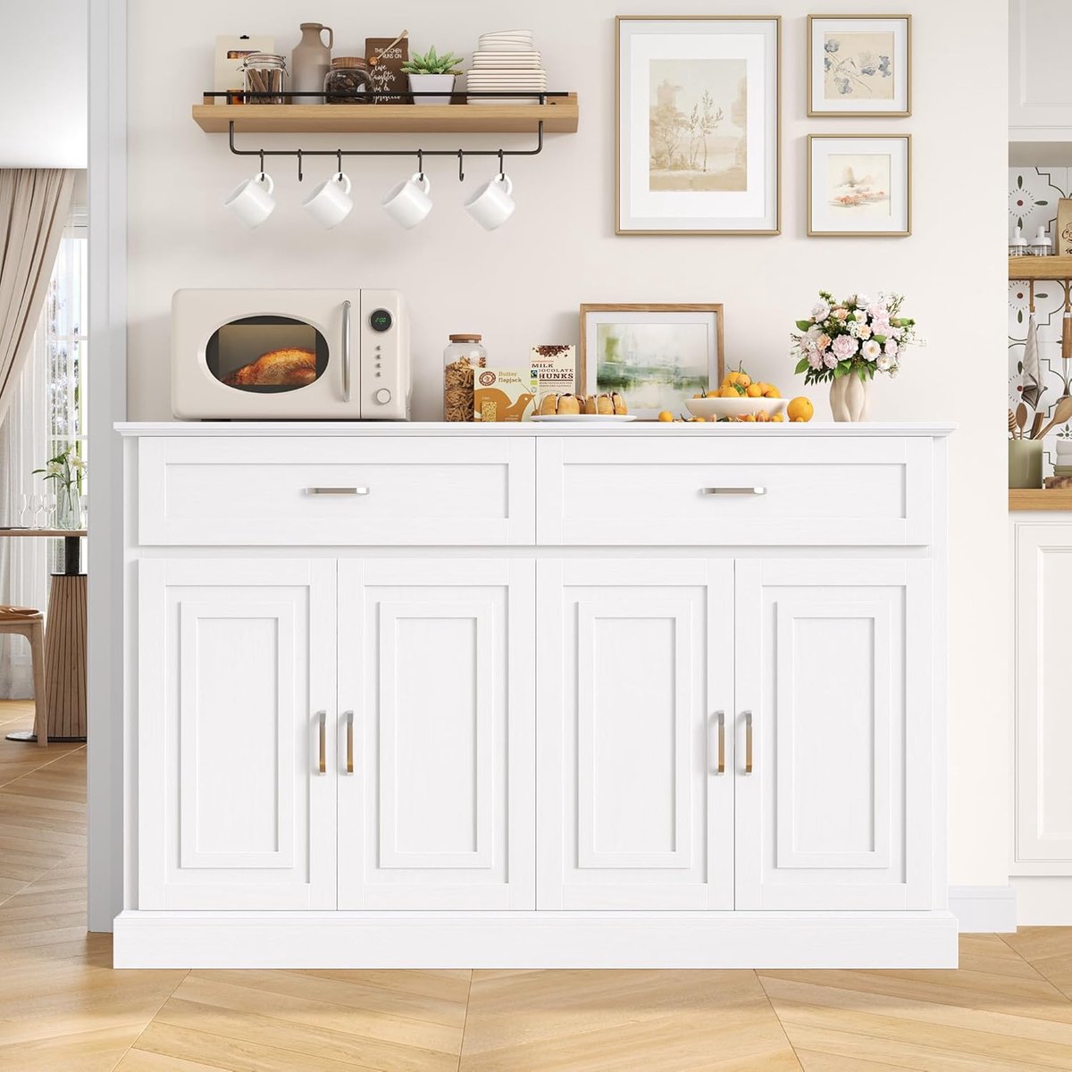 Keukenkast Dressoir 140 cm met Werkblad, 2 Laden en 4 Deuren – Buffetkast, Opbergkast, Keukeneiland, Voorraadkast voor Keuken, Woonkamer en Eetkamer – 140 x 39,5 x 92,5 cm – Wit – Laura