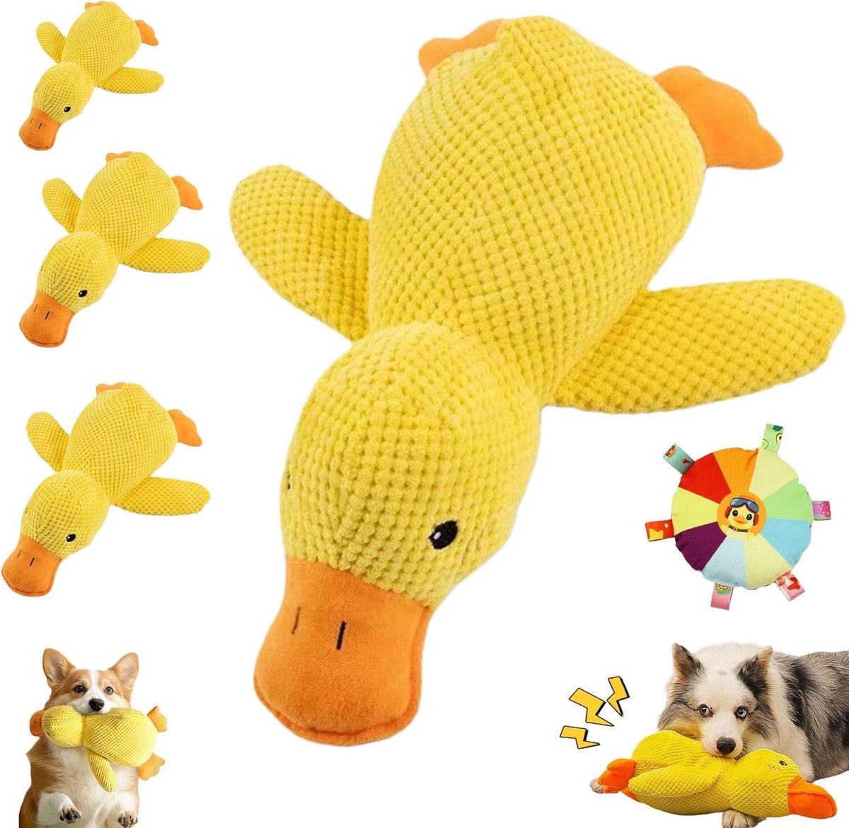 Kraftverdia Honden Speelgoed – Pluche Eend 32×28 cm + Fly Disc (Willekeurige Stijl) – Interactief & Anti-Stress – Hondenspeelgoed voor Kleine, Middelgrote en Grote Honden – Meet M
