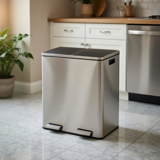 Dubbele roestvrijstalen pedaalemmer in een moderne keuken met witte kasten.