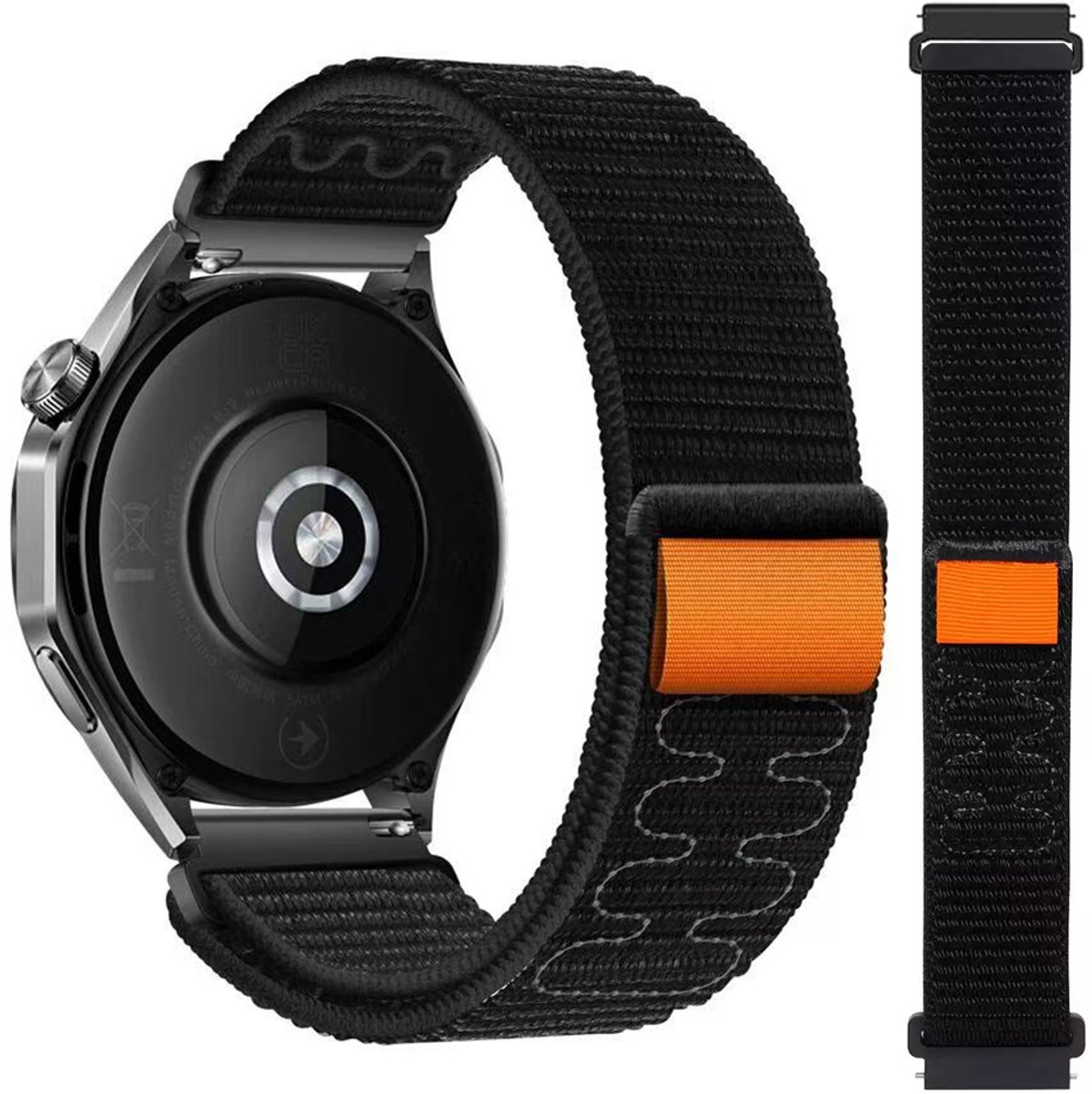 Stravo 20mm Nylon Sportbandje met Klittenband – Ademend Loop Bandje – Geschikt voor Samsung Galaxy Watch 7 (40/44mm) / 6 (Classic) / 5 (Pro) / 4 (Classic) / FE – Voor Garmin Vivoactive 5 / Venu Sq 2 / Forerunner 245 / Vivomove – Zwart / Oranje