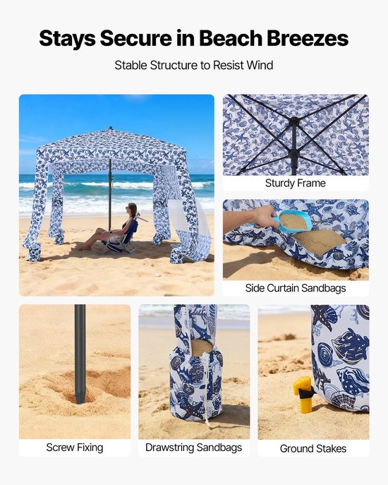 VEVOR Strandcabana 183x183cm, Strandluifel met Zijwanden, UPF 50+ Zonbescherming, Strandpaviljoen met Zandzakken, Donkerblauw Patroon van Vevor — afbeelding 3