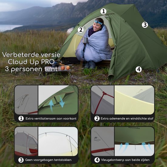 Naturehike Cloud Up 3 PRO - 3 persoons lichtgewicht tent - Waterdichte kampeertent - 20D 3000MM - Inclusief grondzeil - Outdoor trekking koepeltent - Wit/Grijs van Naturehike — afbeelding 4
