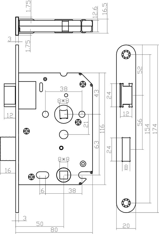 Technische tekening met afmetingen van een zwart Intersteel deurslot.