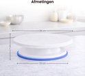 Wit draaibaar taartplateau met blauwe antisliprand, met afmetingen.