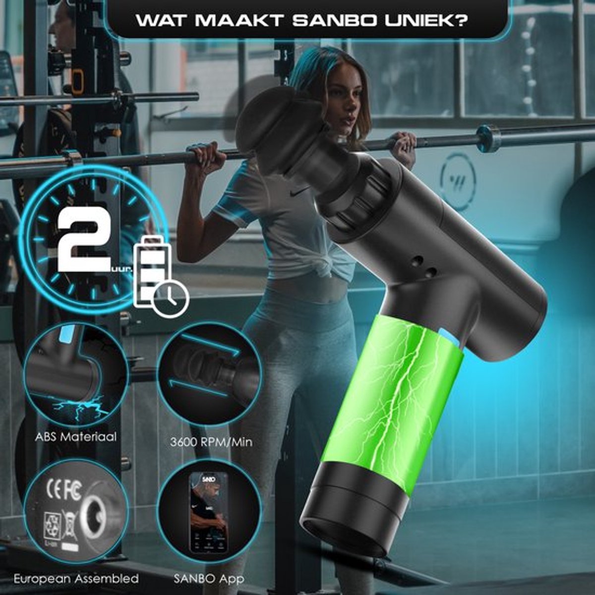 Sanbo Professioneel Massage Gun met 5 Opzetstukken en Koffer - afbeelding 3