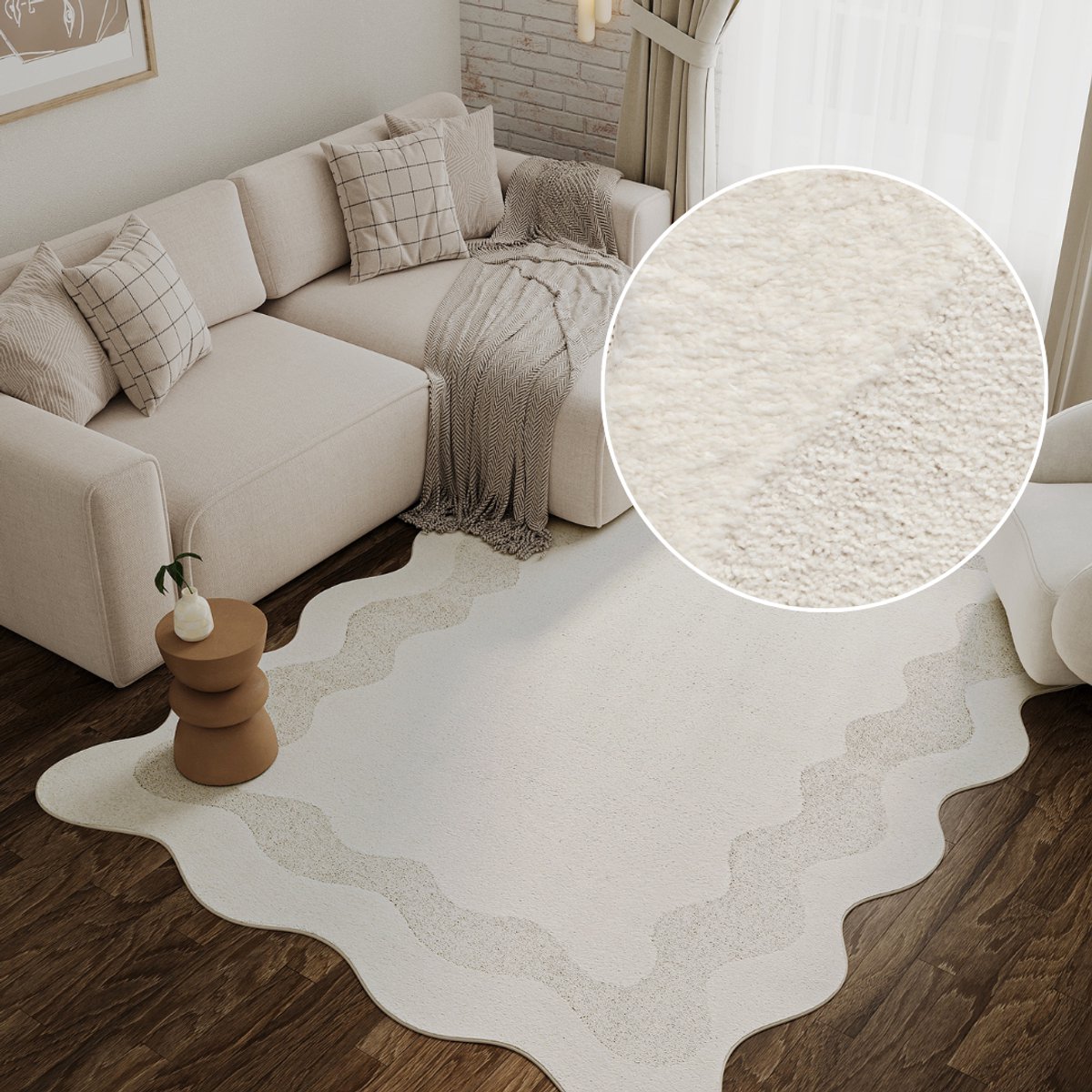 Tapiso Terra Vloerkleed - Organische Vorm met Golvende Rand - Woonkamer & Slaapkamer - Laagpolig Tapijt - 3D-Effect - Crème Wit - OEKO-TEX - 160x220 Creme Wit2