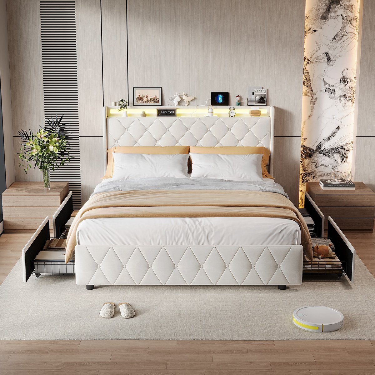 Modern opbergbed met ledverlichting en USB-oplaadpunt, 4 lades, 140/160x200cm, kinderbed, fluwelen stof, zonder matras