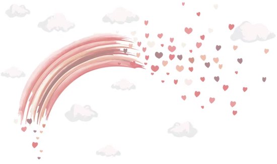 Muursticker 'Regenboog met Hartjes' - 100x58cm - Zelfklevend - Babykamer - Kinderkamer - Muur Decoratie Sticker