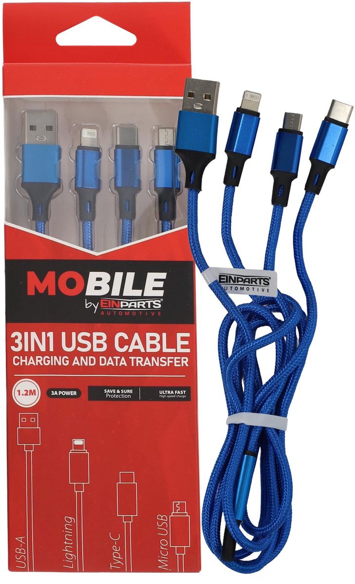 Einparts 3-In-1 Kabel 12M 3A Naar Usb-C Micro Usb Lightning Met Kabelblad