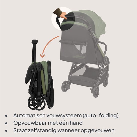 Groene en zwarte buggy wordt automatisch ingeklapt met één hand en staat zelfstandig.