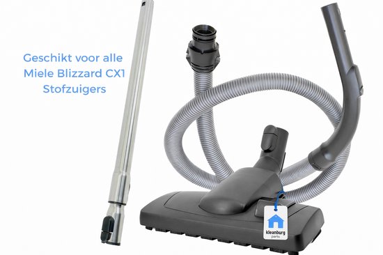 Stofzuigeronderdelen: grijze slang met mondstuk en zilveren telescopische buis.