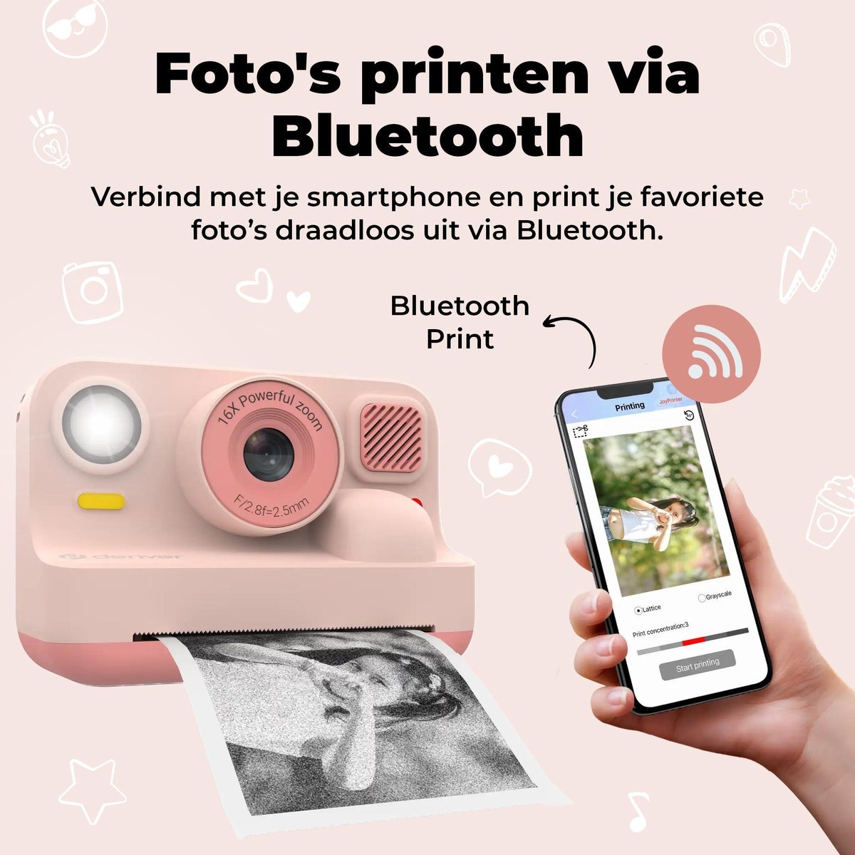 Denver Kindercamera Full HD met Printer - Selfie Camera - 48MP - Digitale Camera Kinderen - Bluetooth printer - Foto & Video - KPC1374BTRO - Roze – foto 2