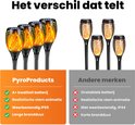 Vergelijking: PyroProducts fakkels met A+ batterij, realistische vlam, IP65 waterbestendig, lange brandduur. Andere merken met instabiele batterij, niet IP65, korte brandduur.