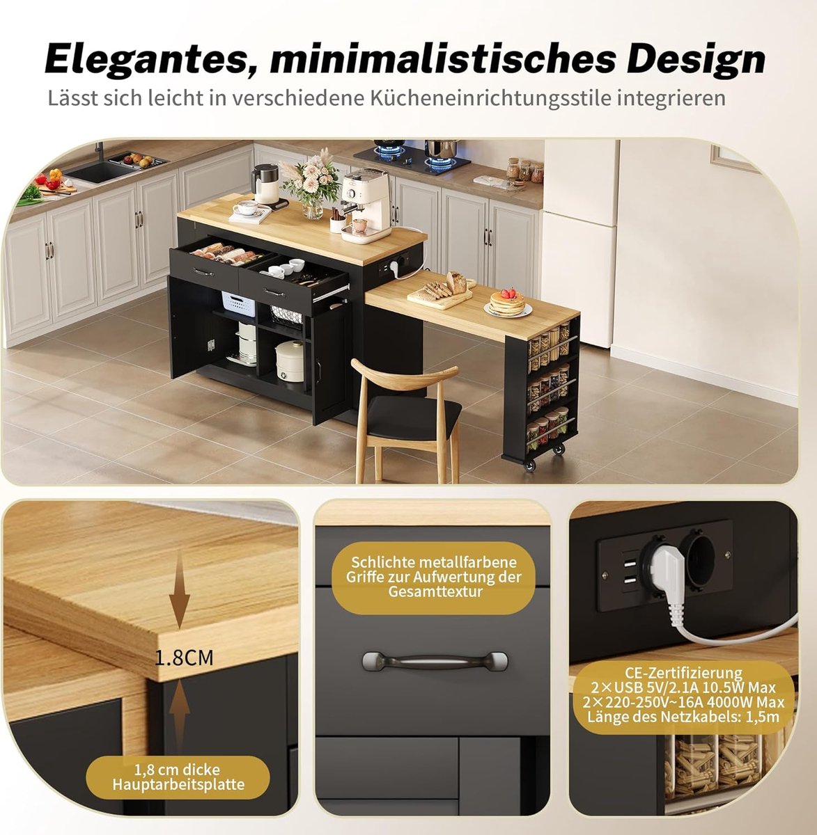 Keukeneiland met 2 Uittrekbare Eettafels 142–340x55x93 cm – Mobiele Keukentrolley met Wielen, Stopcontacten & USB, Lades en Verstelbare Planken – Zwart/Naturel – Laura