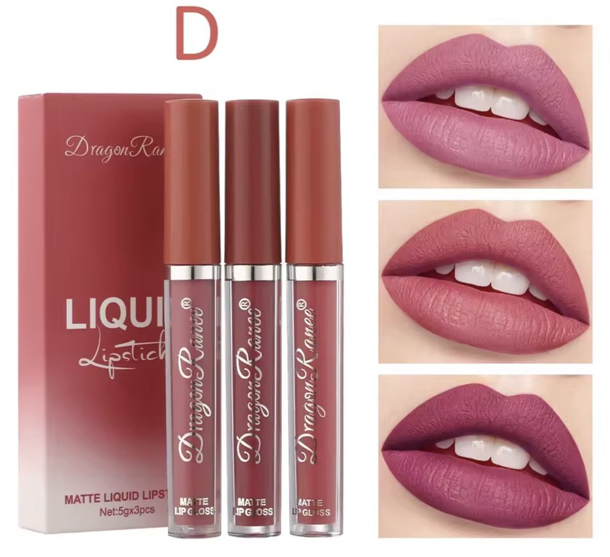 Dragon Ranee Matte Liquid Lipstick – 3 Kleuren Set D – Soft Pink / Coral Tint – Waterproof Long Lasting Lippenstift – 5 g x3