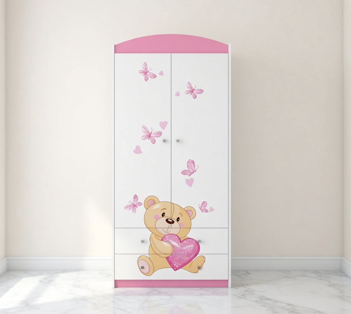 Teddy in Love Kinderkledingkast met 2 Deuren, Lades, Kleerhangers & Planken – 88x55x187 cm – 18mm Gelamineerde Kinderkamer Kast – Roze Kinderkast met Dierlijke Teddy Motieven – Premium Kledingopberger voor Kinderkamer - House & Garden