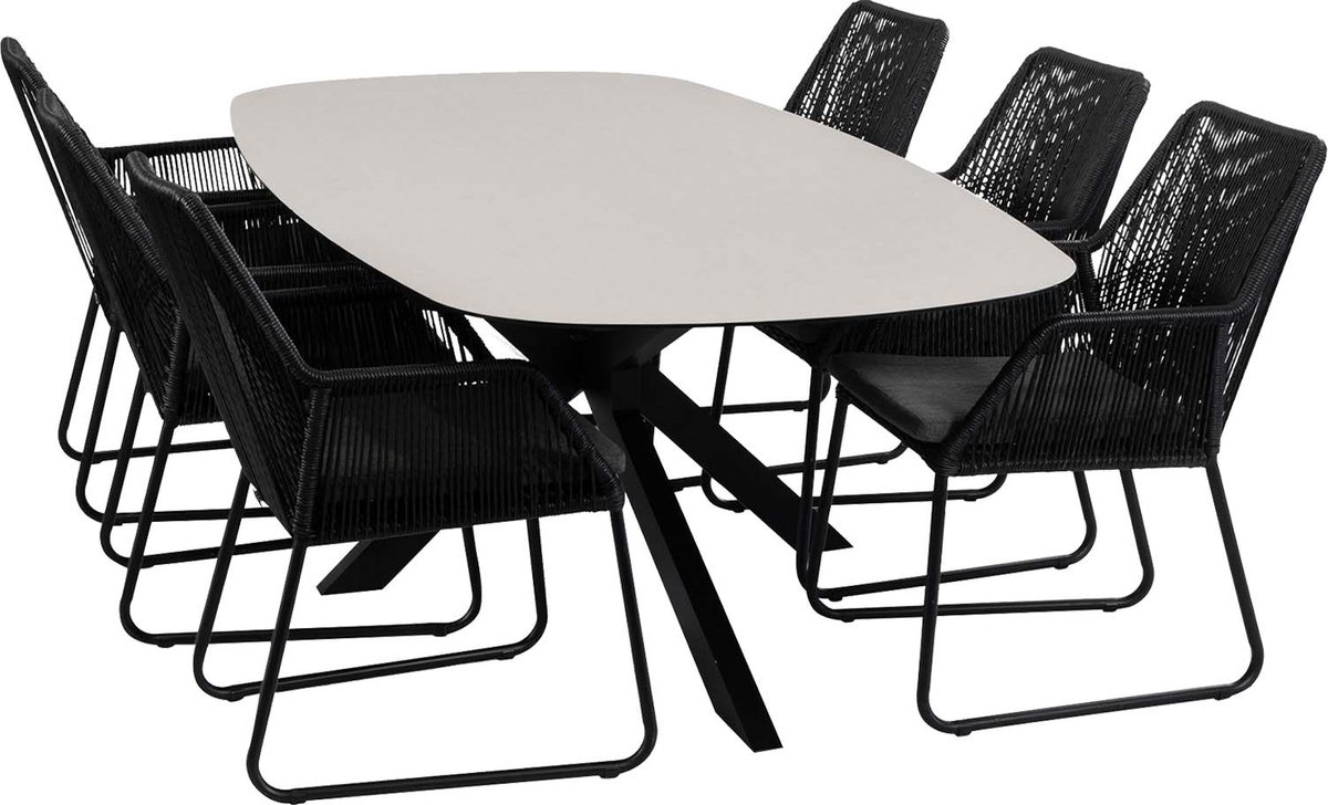 7-delige tuinset | 6 Mona tuinstoelen | Tuintafel Barletta 240x115cm | Black & Black Sandstone