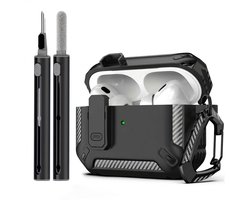 Zwart robuust hoesje voor oordopjes met carbon look geschikt voor AirPods Pro 3 inclusief schoonmaakset en karabijnhaak – schokbestendig en duurzaam