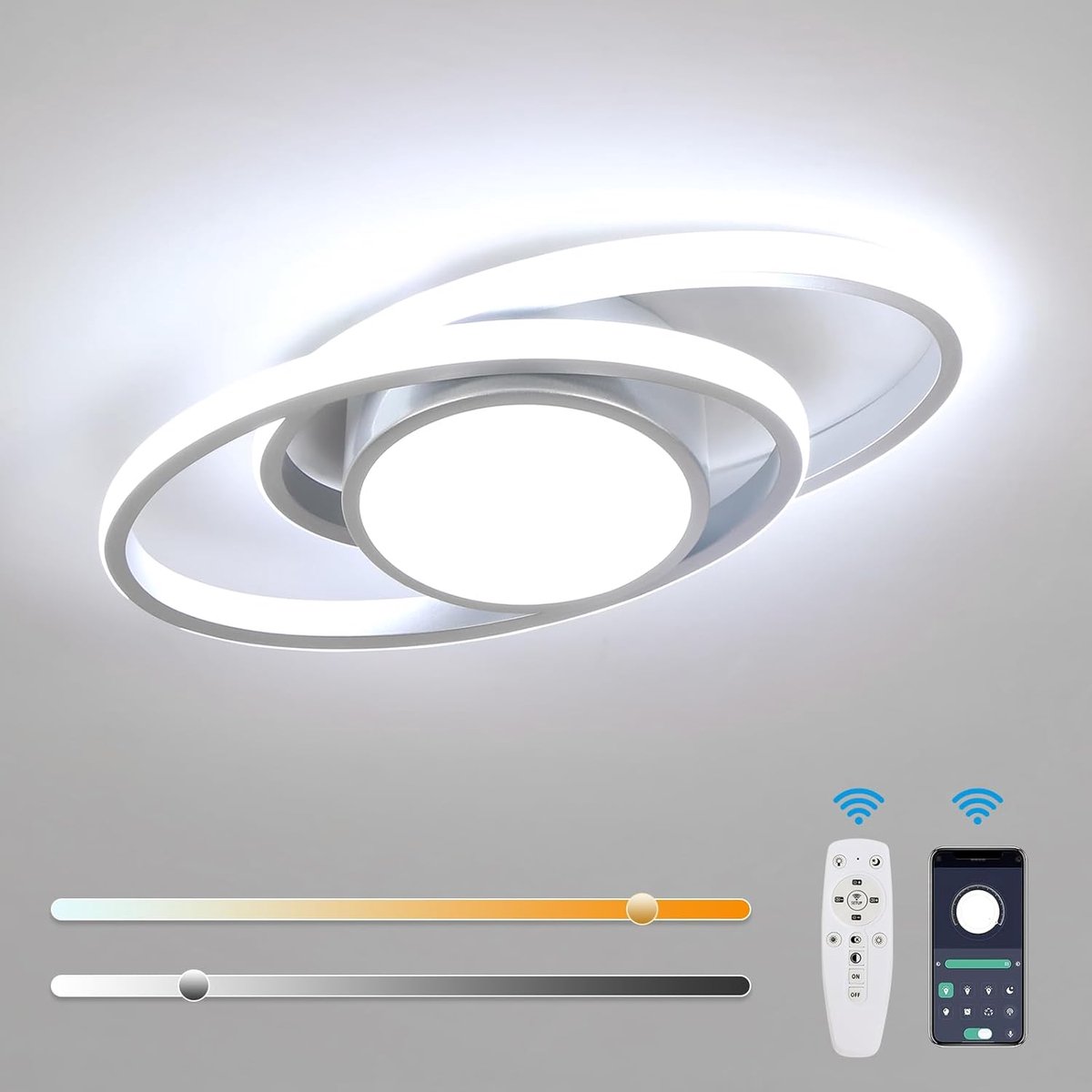 Haobosic LED Plafondlamp - Ovaal Aluminium Zilver - 39W Dimbaar met Afstandsbediening